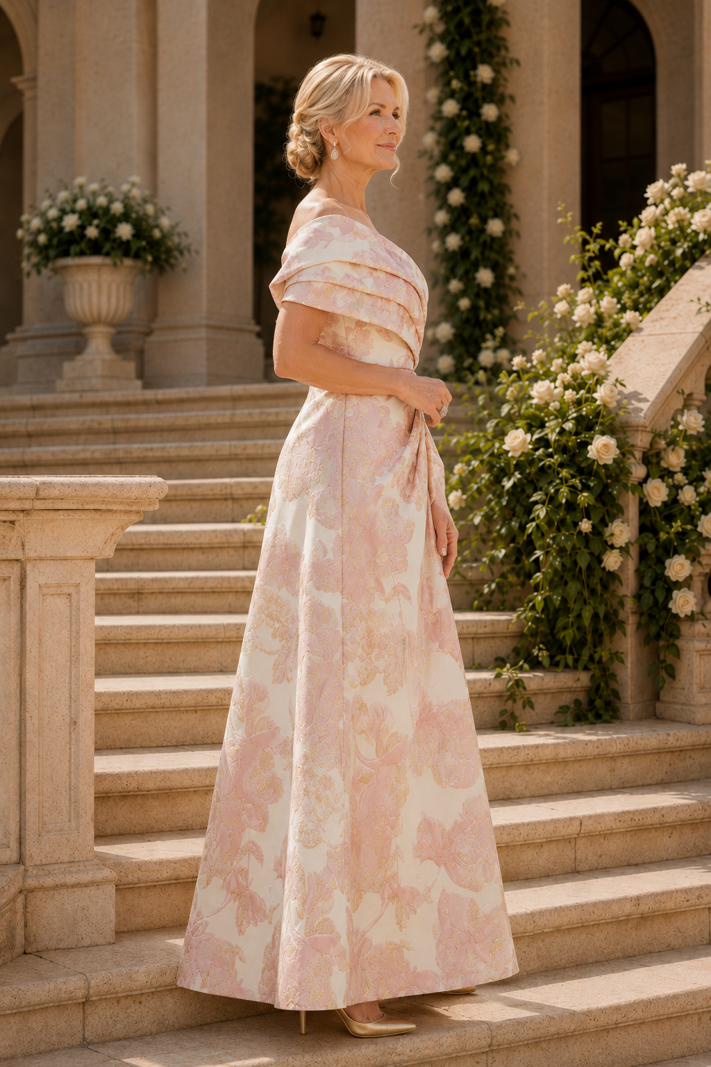 Vestido de noche plisado de jacquard con un solo hombro y corte en A