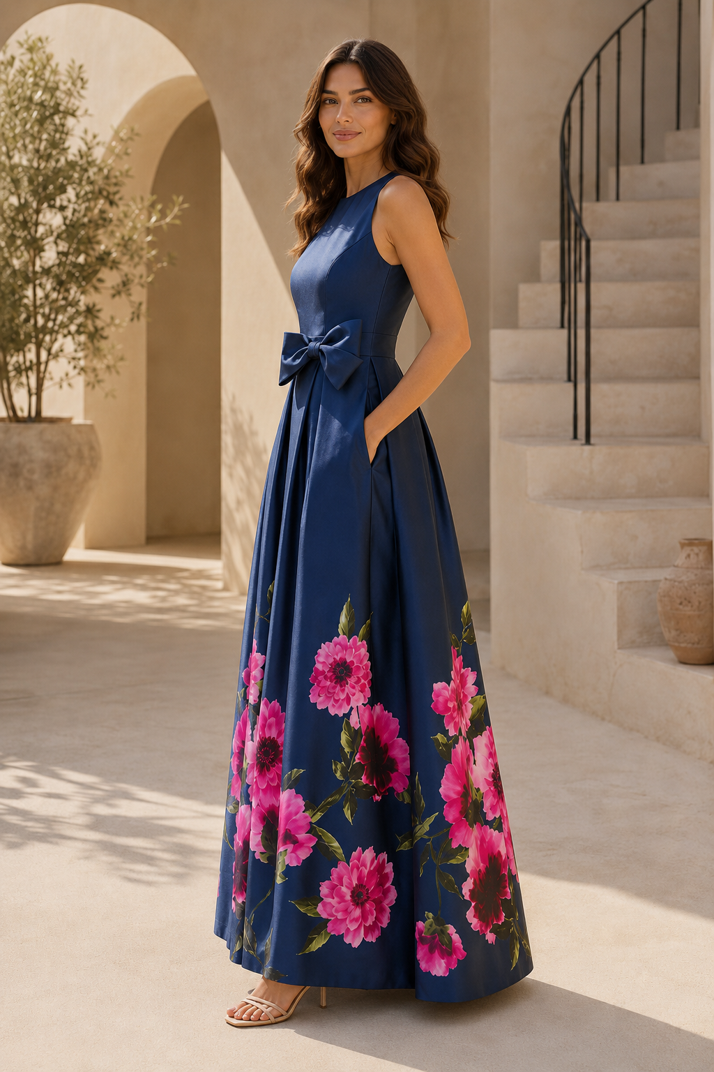 Vestido de noche acampanado con estampado floral y lazo en la cintura