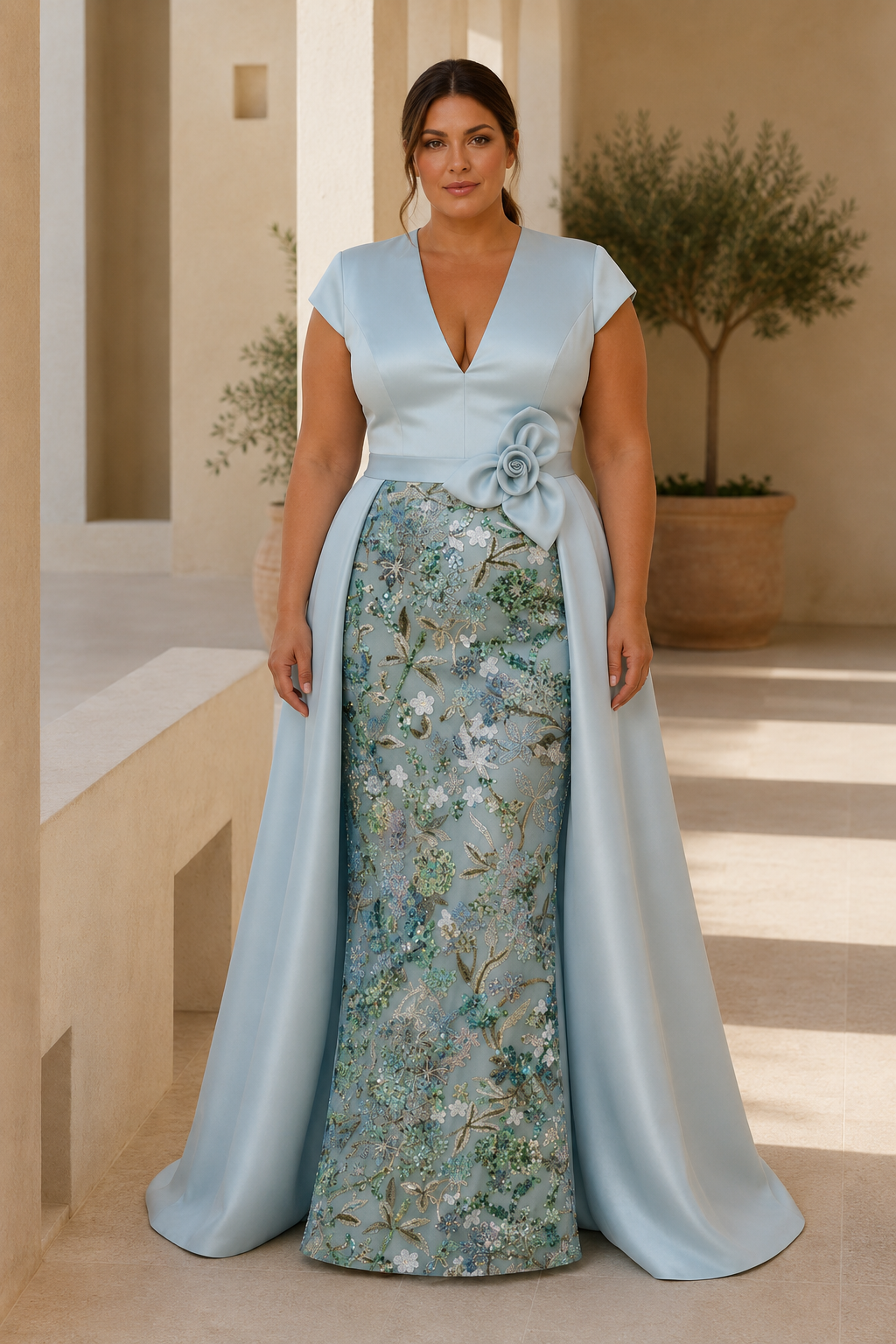 Vestido largo bordado floral con sobrefalda de satén