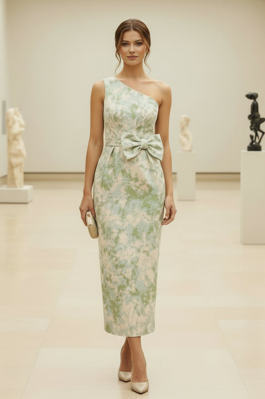 Vestido midi jacquard de un solo hombro con detalle de lazo