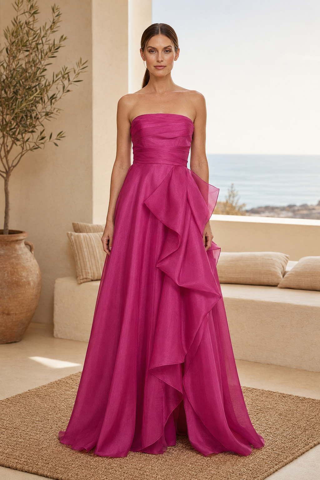 Vestido de gala línea A con corpiño fruncido sin tirantes y volantes en cascada