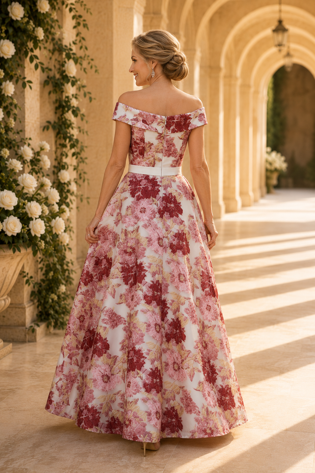 Vestido de noche con estampado floral, escote de hombros descubiertos y silueta A, con cintura ajustada