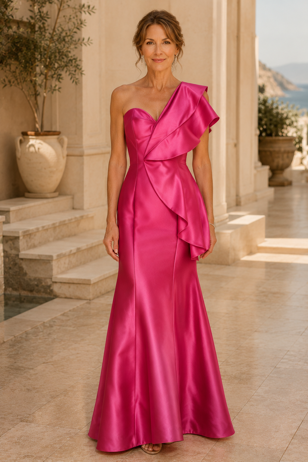 Vestido de Noche Sirena de Satén con Volantes y Un Hombro