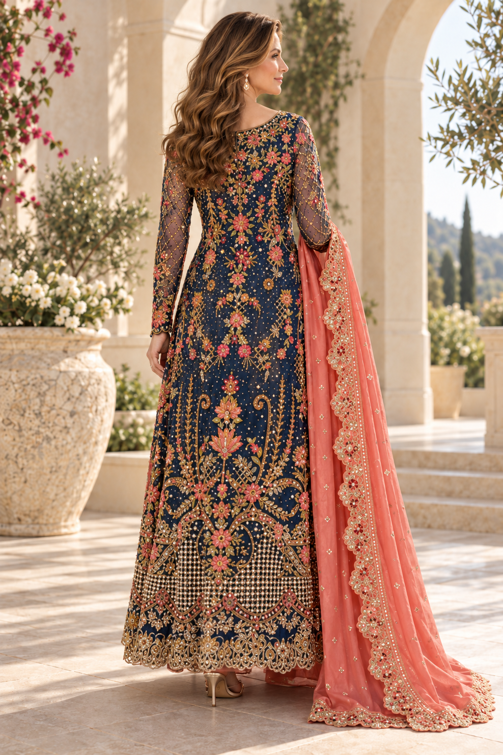 Embroidered Long Sleeve Gown with Scalloped Shawl