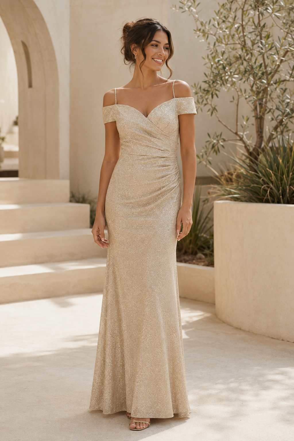Vestido de Noche Sirena con Lentejuelas y Hombros Descubiertos