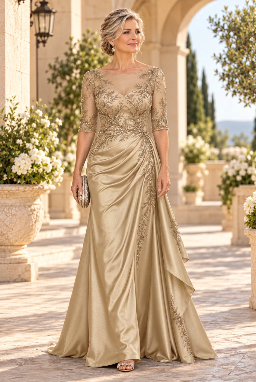 Embroidered Illusion Neckline Satin Gown