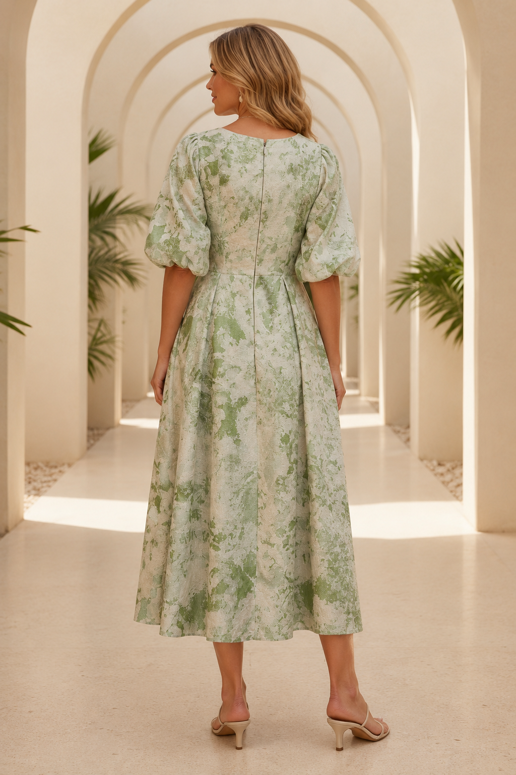 Vestido Midi Jacquard Floral con Mangas Abullonadas