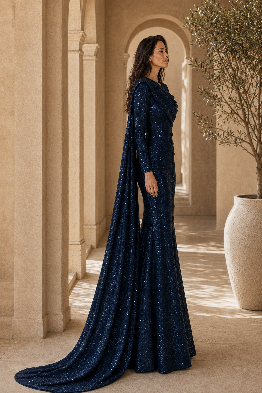 Vestido de Noche con Capa Asimétrica Drapeada y Lentejuelas
