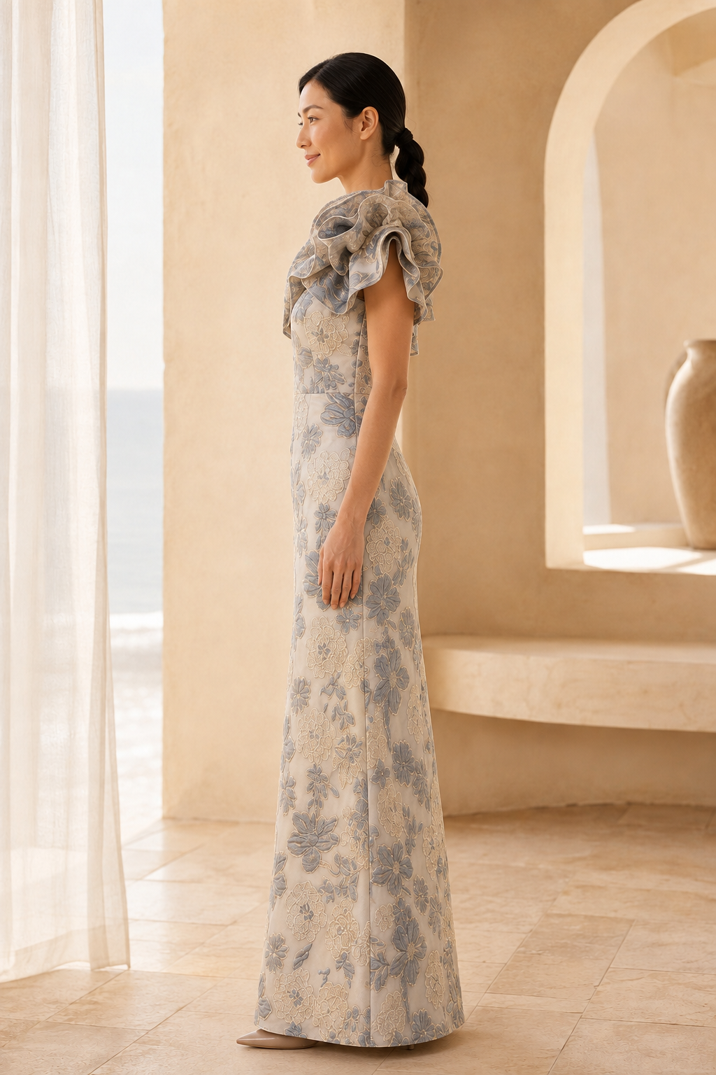 Vestido largo jacquard floral de un solo hombro con volantes