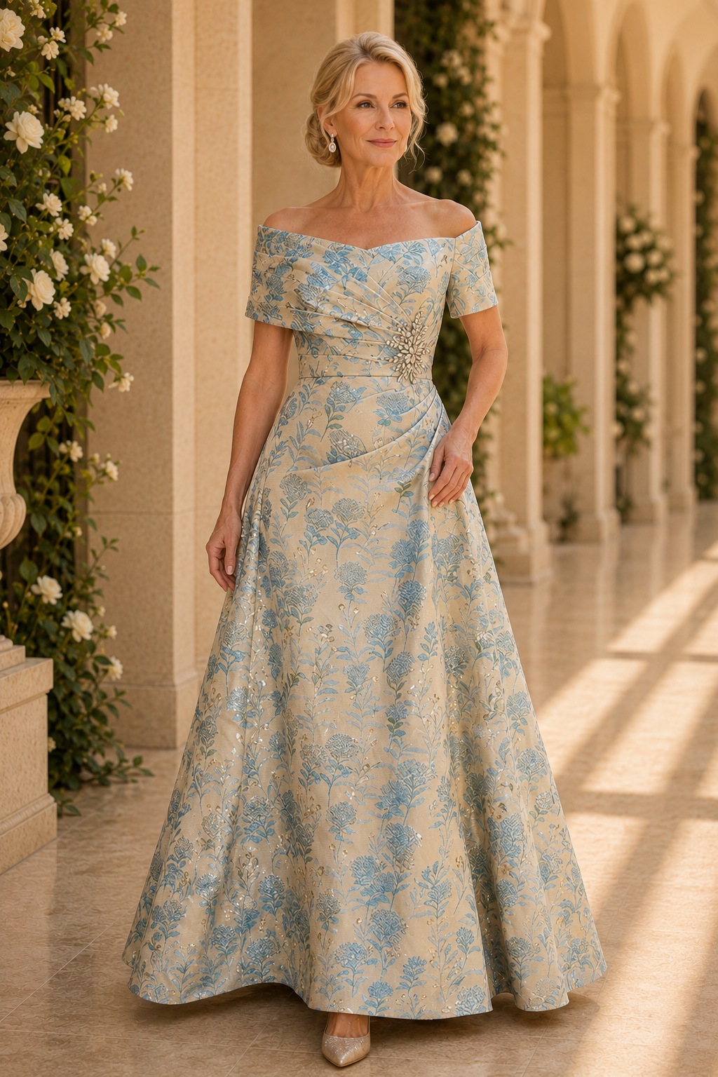 Vestido acampanado de jacquard floral con hombros descubiertos