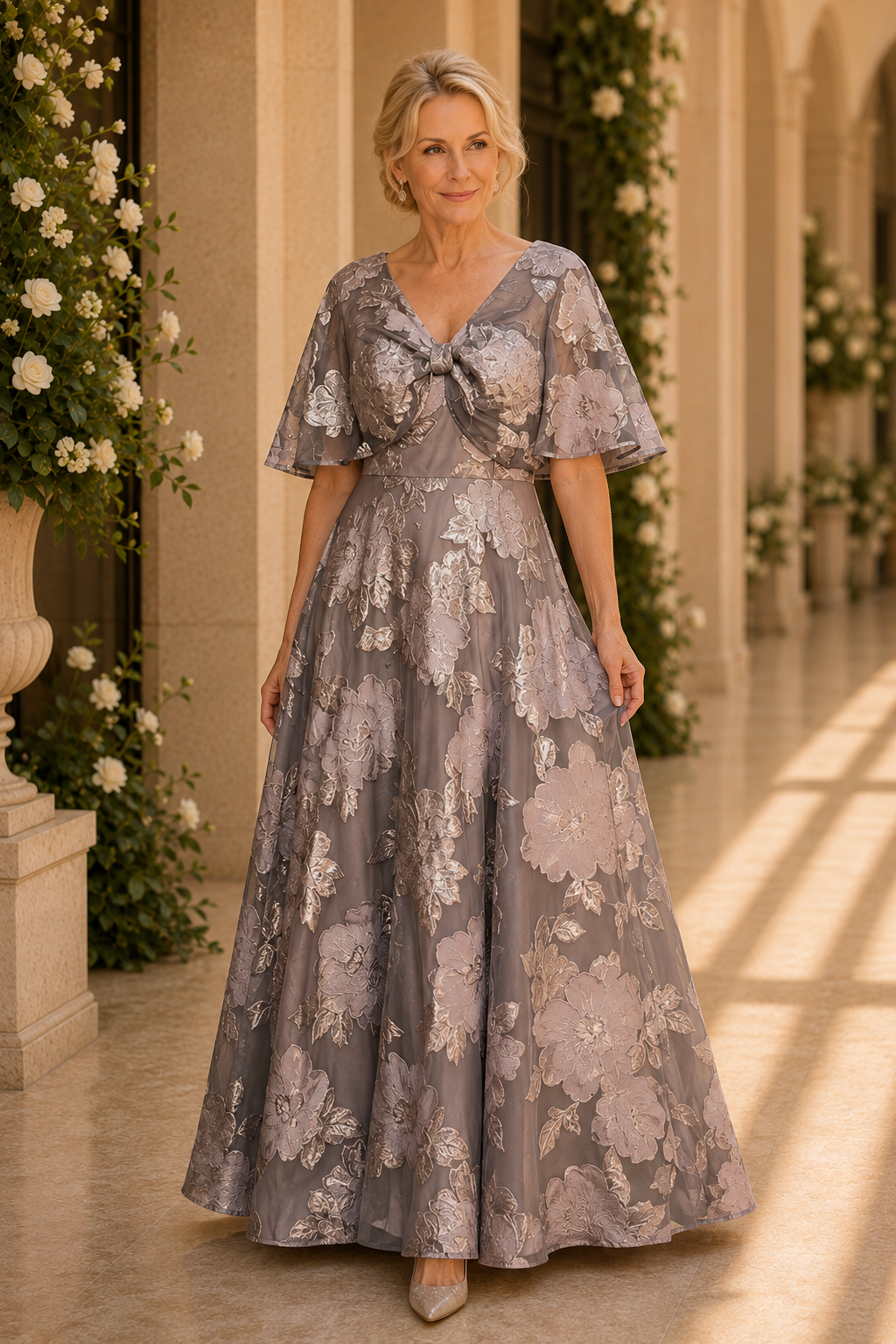 Vestido de noche acampanado con capa corta jacquard floral