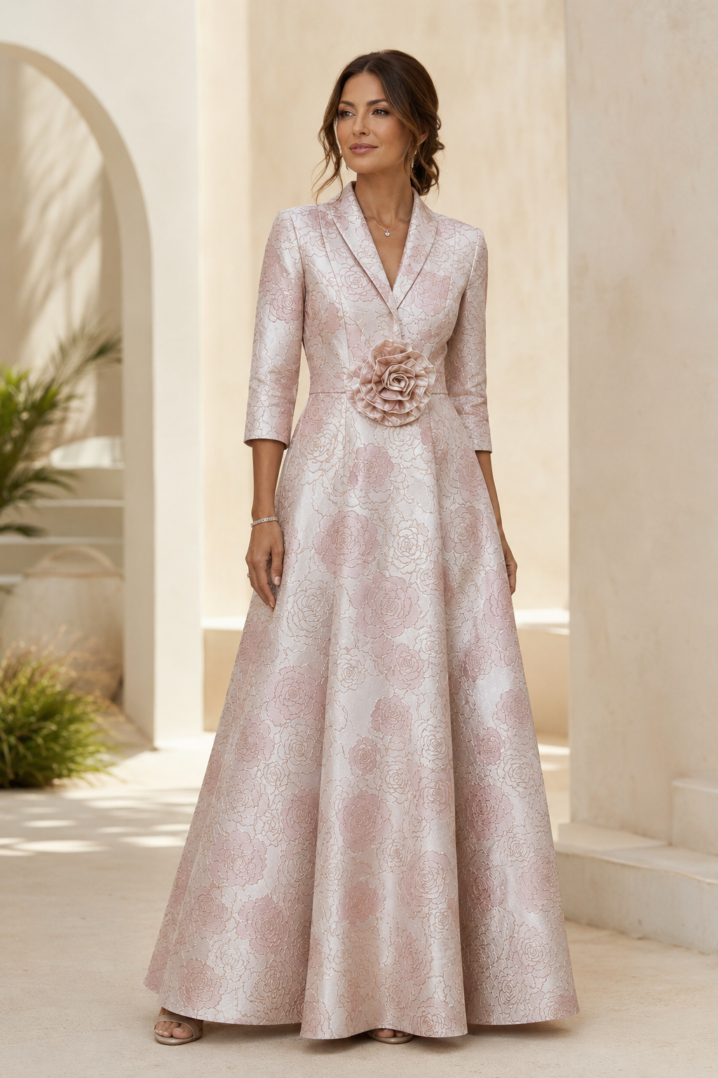 Vestido acampanado de jacquard floral con mangas tres cuartos