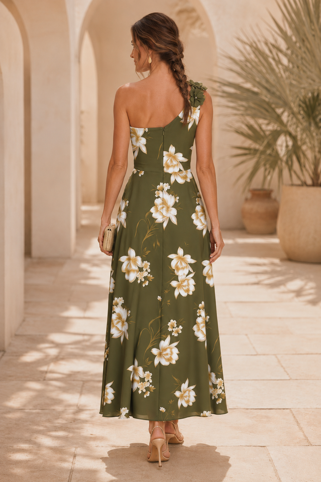 Vestido Midi Floral de un Hombro con Flor 3D
