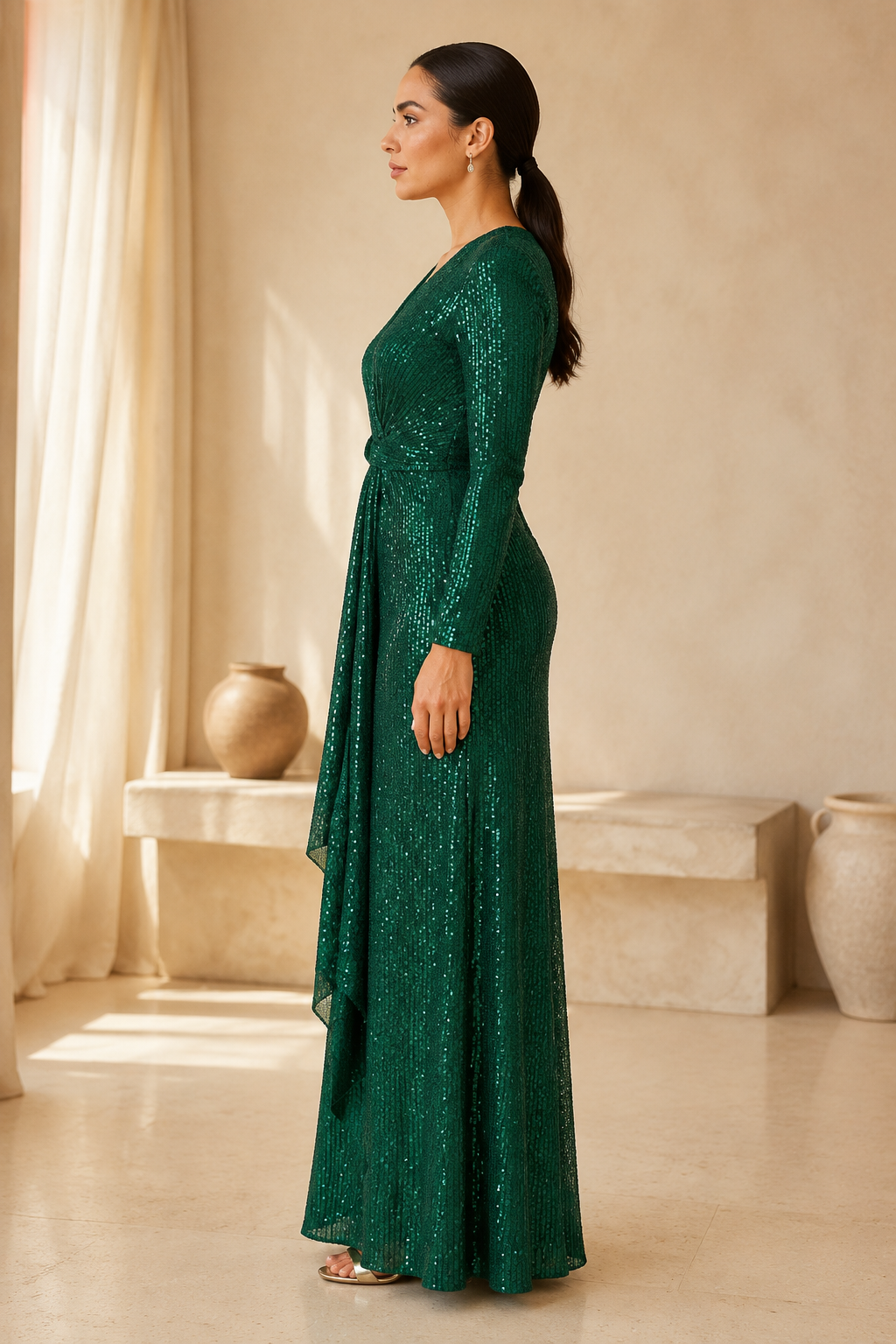 Vestido largo de lentejuelas con falda delantera drapeada