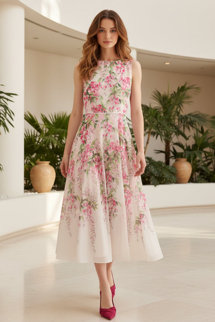 Elegante vestido midi de chifón con estampado floral