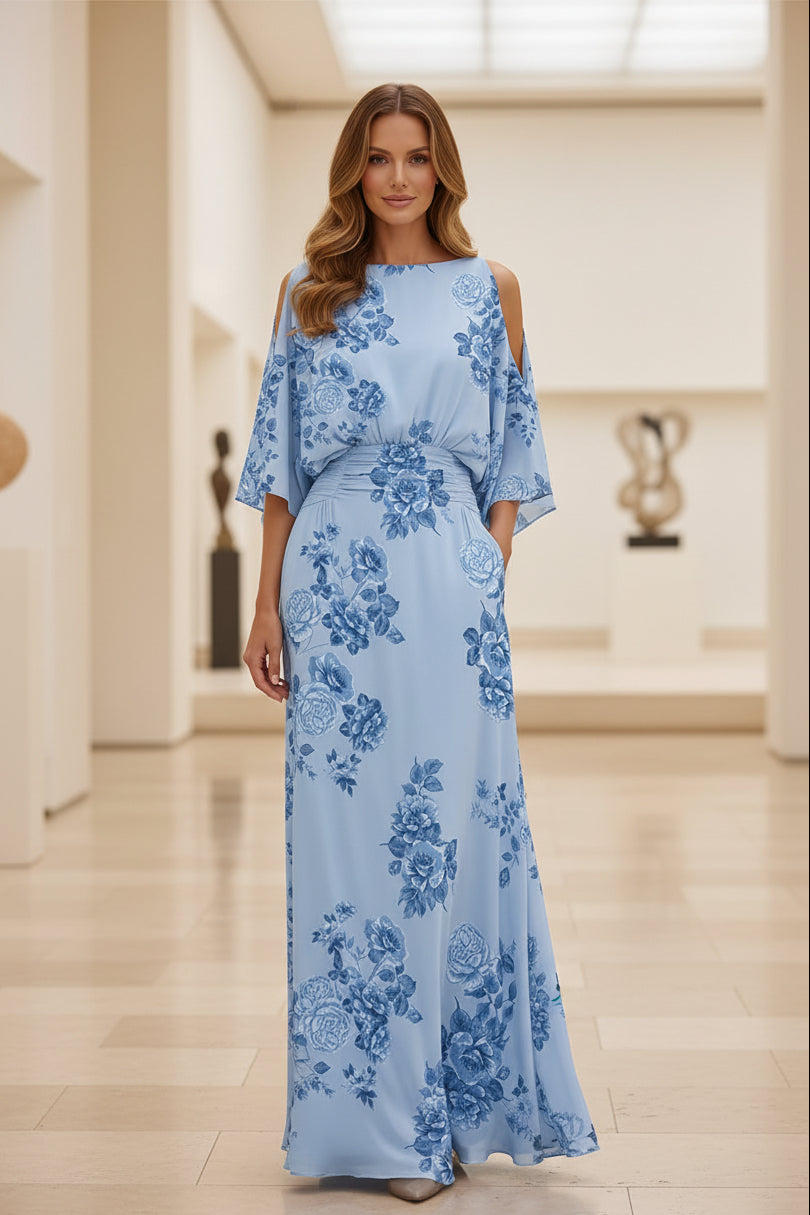 Vestido maxi estampado floral con hombros descubiertos y bolsillos