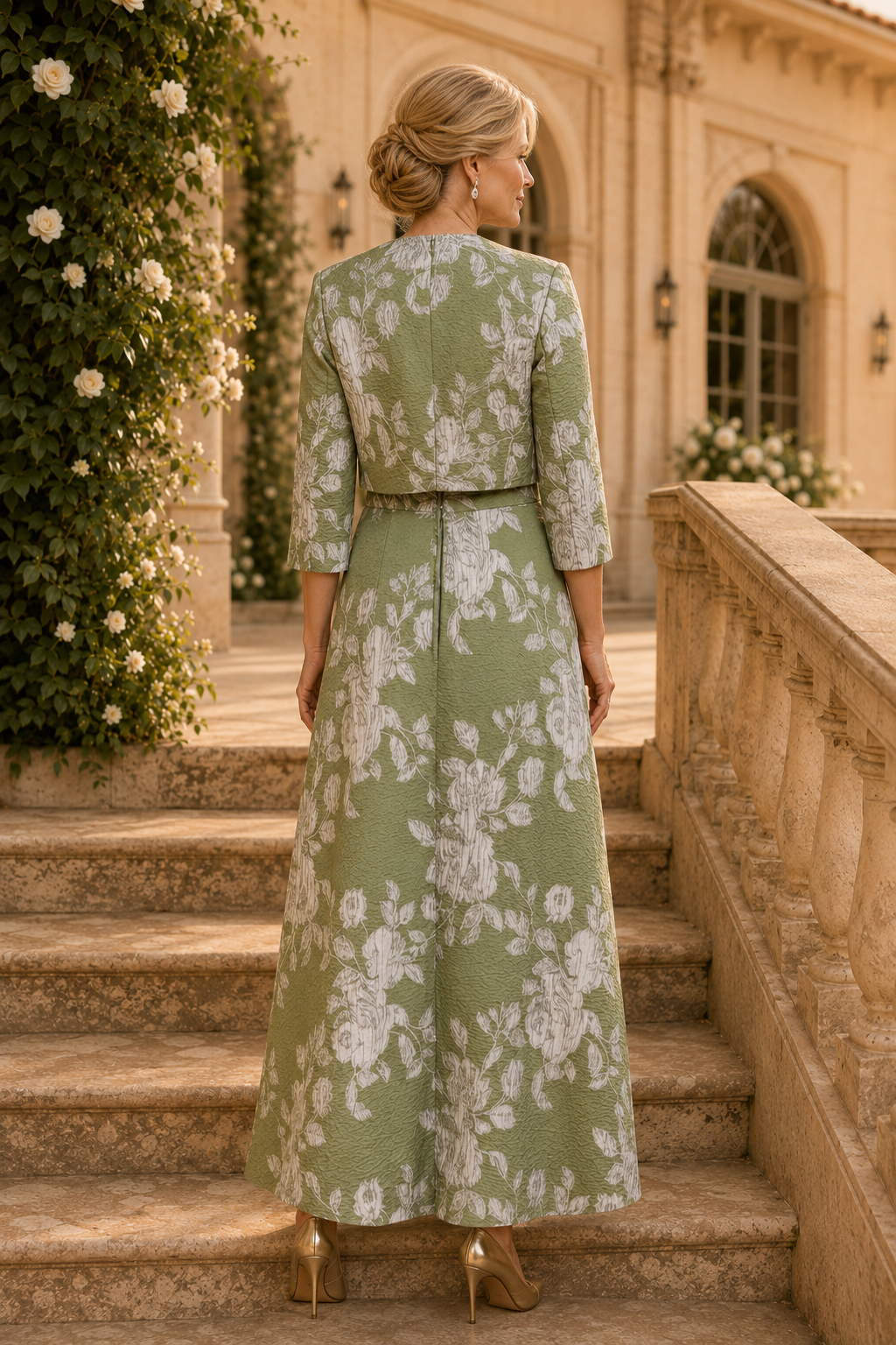 Conjunto de chaqueta y vestido largo de jacquard floral