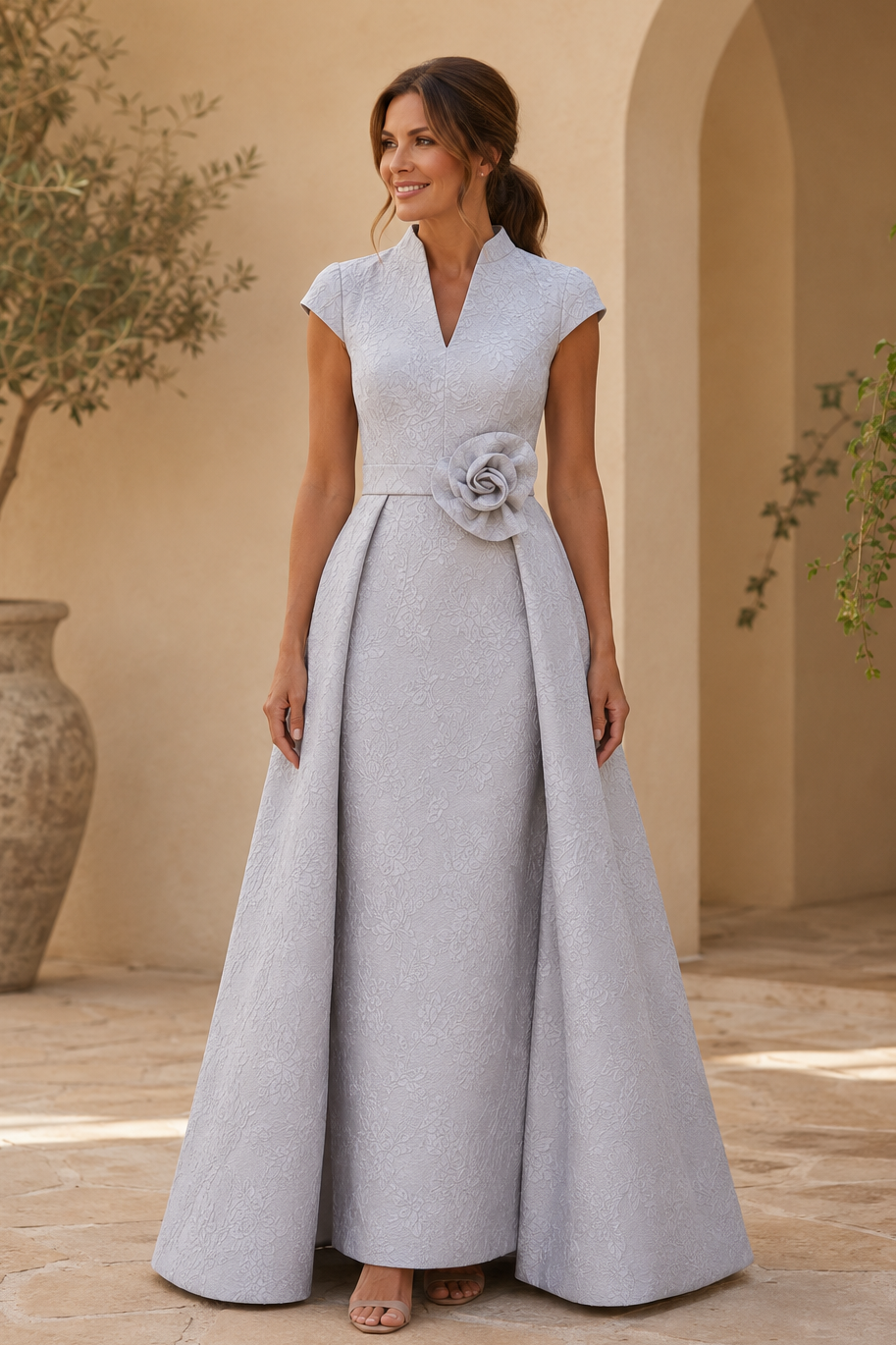 Elegante vestido jacquard línea A con flor 3D