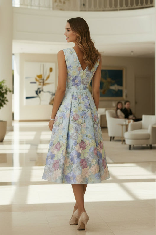 Vestido midi escote en V línea A jacquard floral