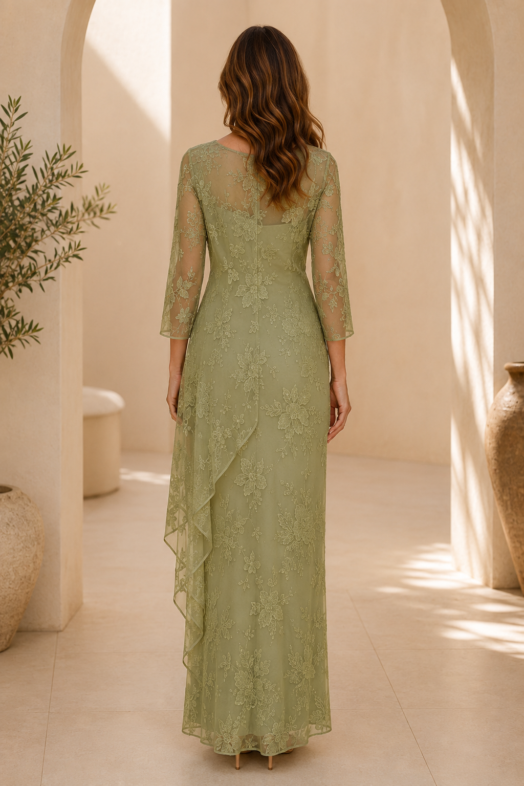 Vestido de encaje con cuello barco ilusión y drapeado lateral
