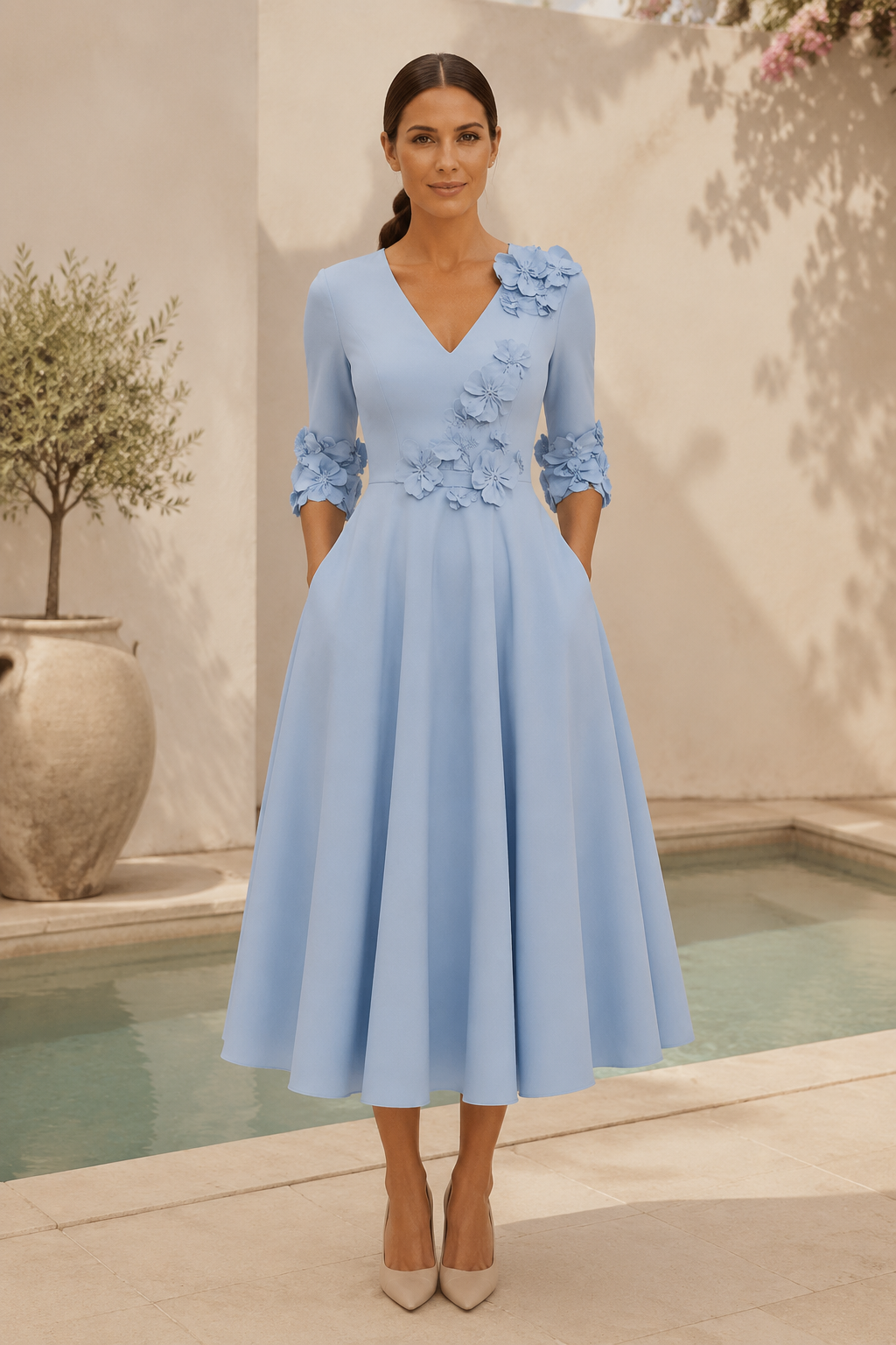 Vestido Midi con Apliques Florales 3D y Mangas 3/4
