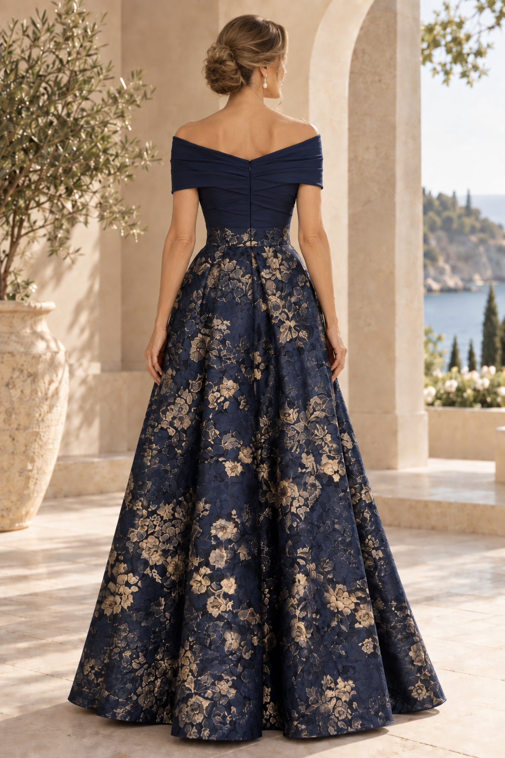 Off-the-Shoulder Brocade A-Line Evening Gown