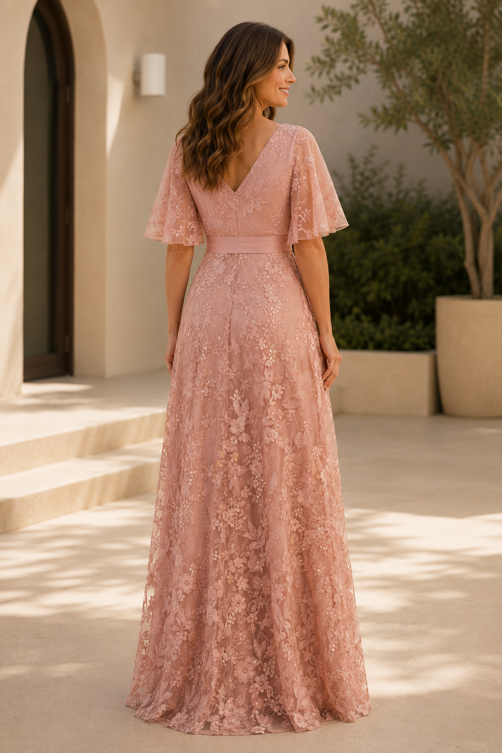 Vestido de noche de encaje con corte en A y mangas de volantes