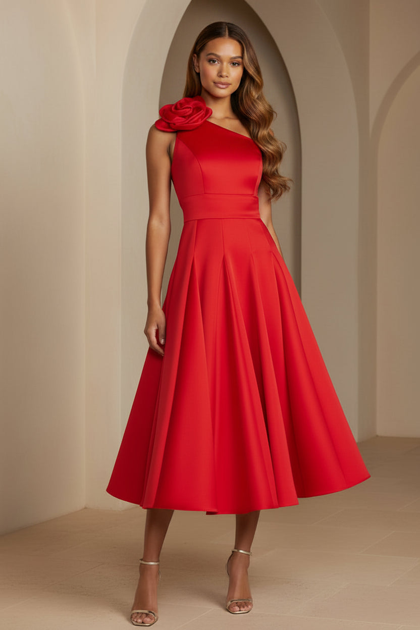 Vestido midi plisado con un solo hombro y flor 3D