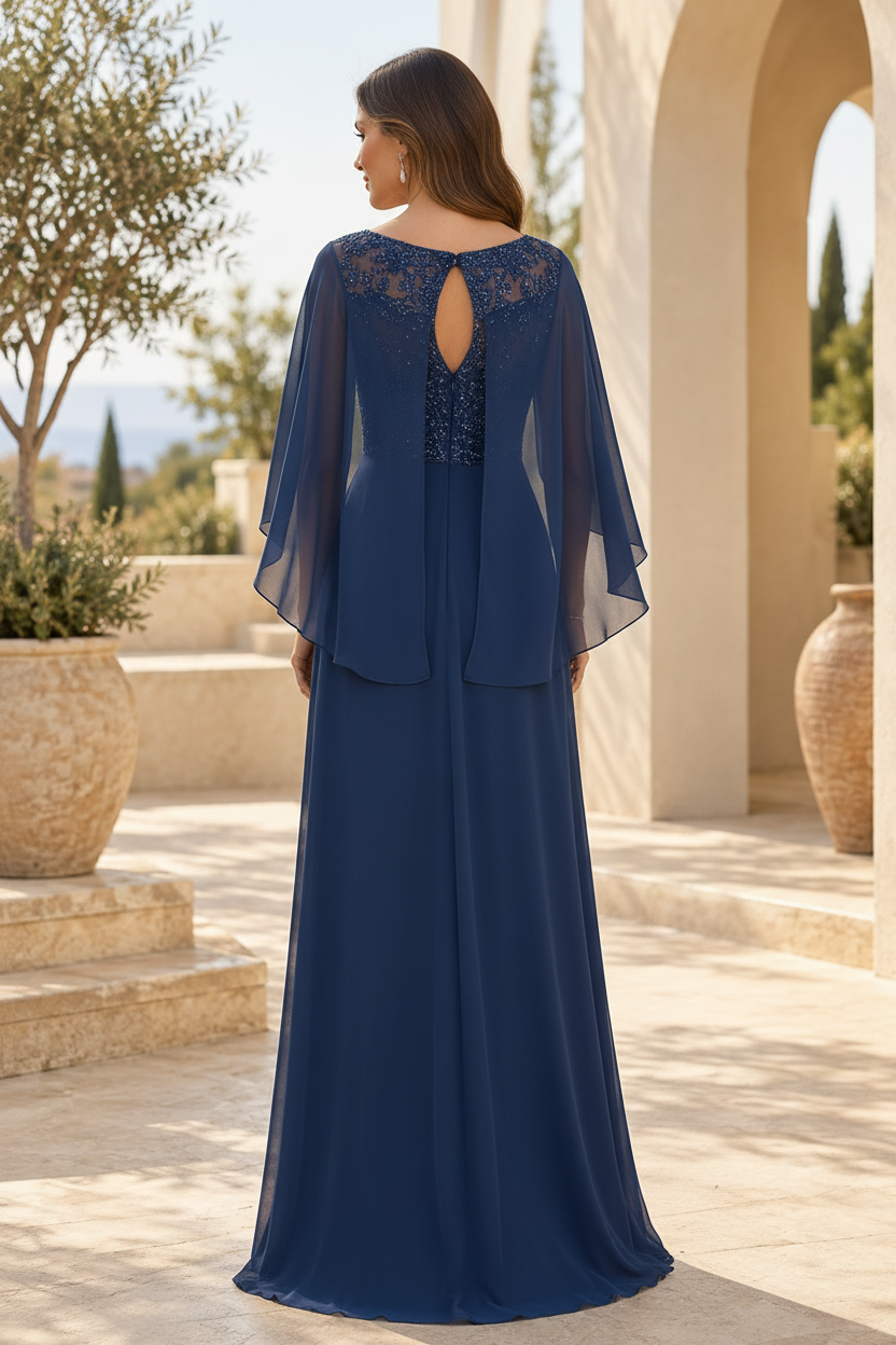 Chiffon A-Line Gown with Cape Sleeves & Beads