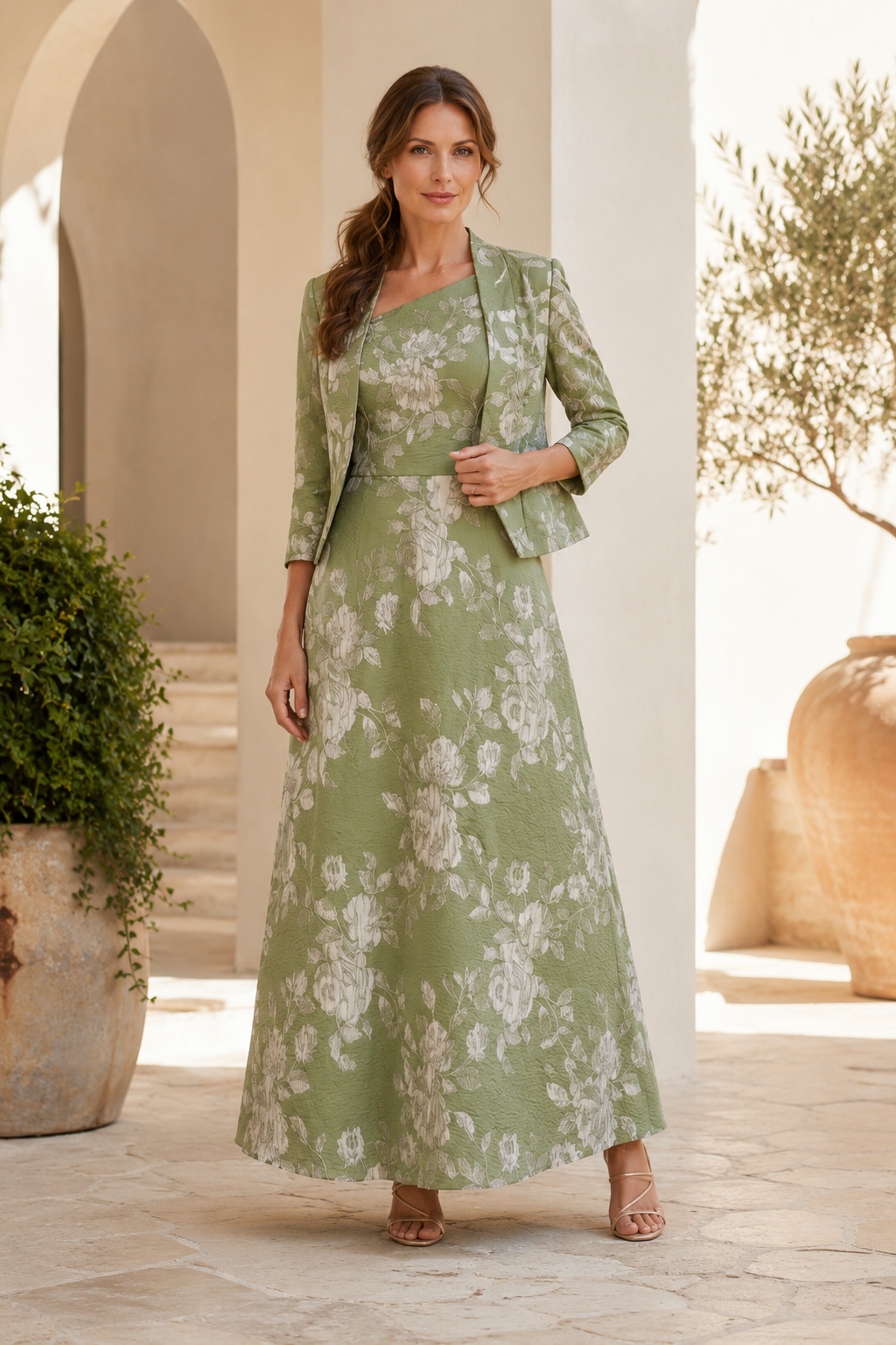 Vestido maxi acampanado de jacquard floral con conjunto de chaqueta corta