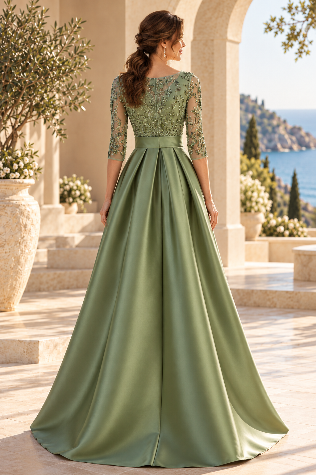 Embroidered Illusion Bodice A-Line Satin Gown