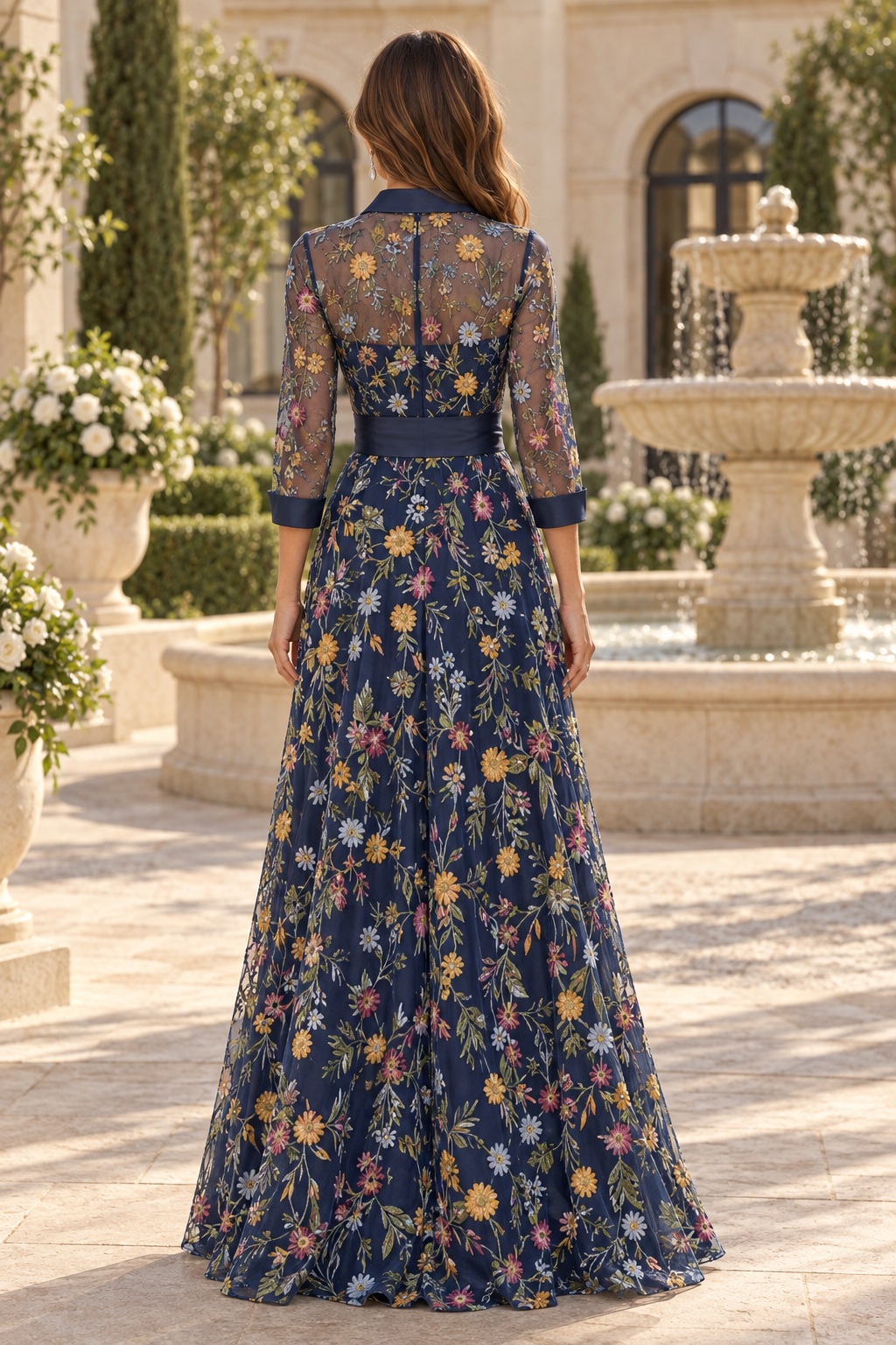 Vestido de noche con bordado floral y manga francesa