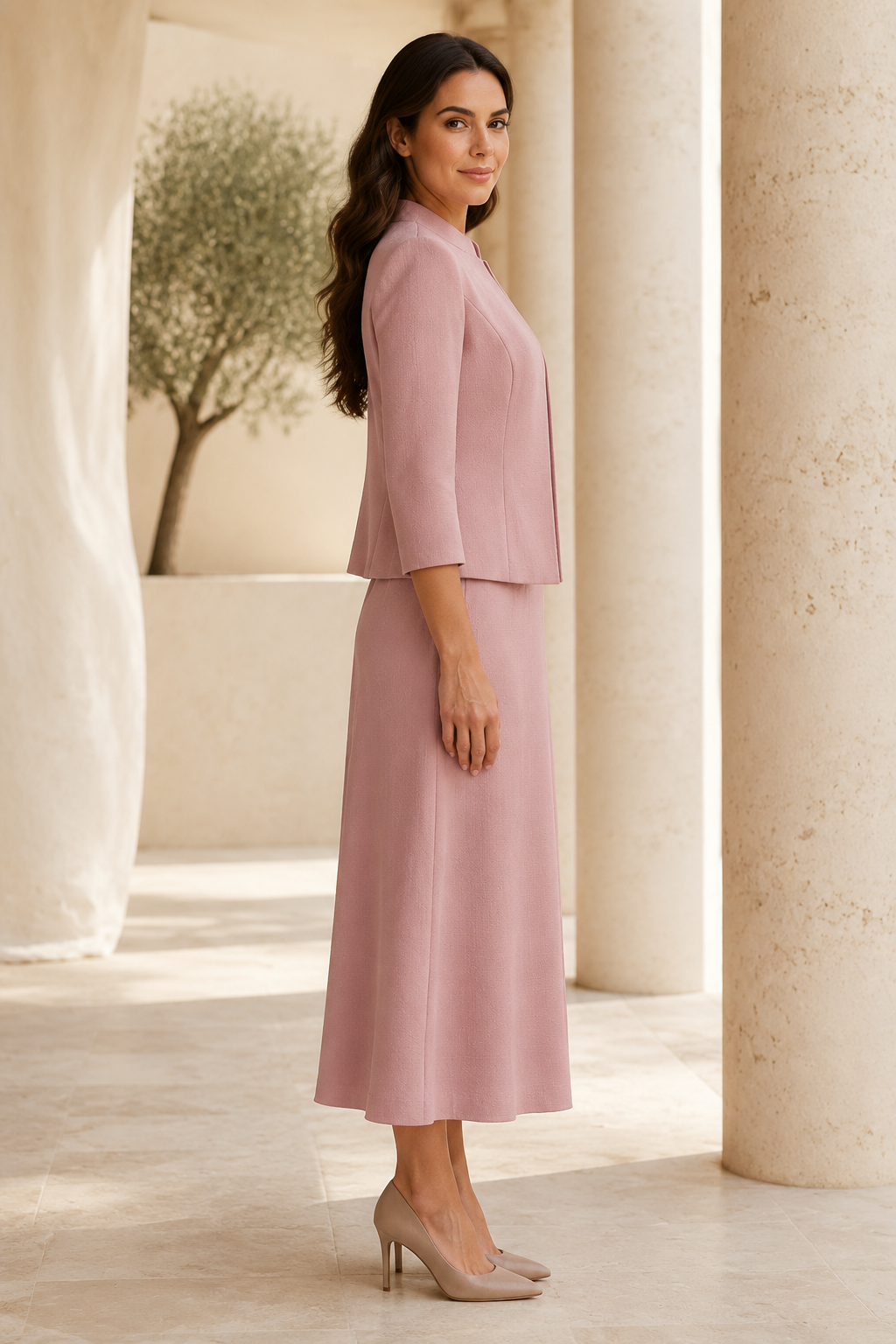 Vestido midi de dos piezas con falda acampanada y chaqueta de manga tres cuartos