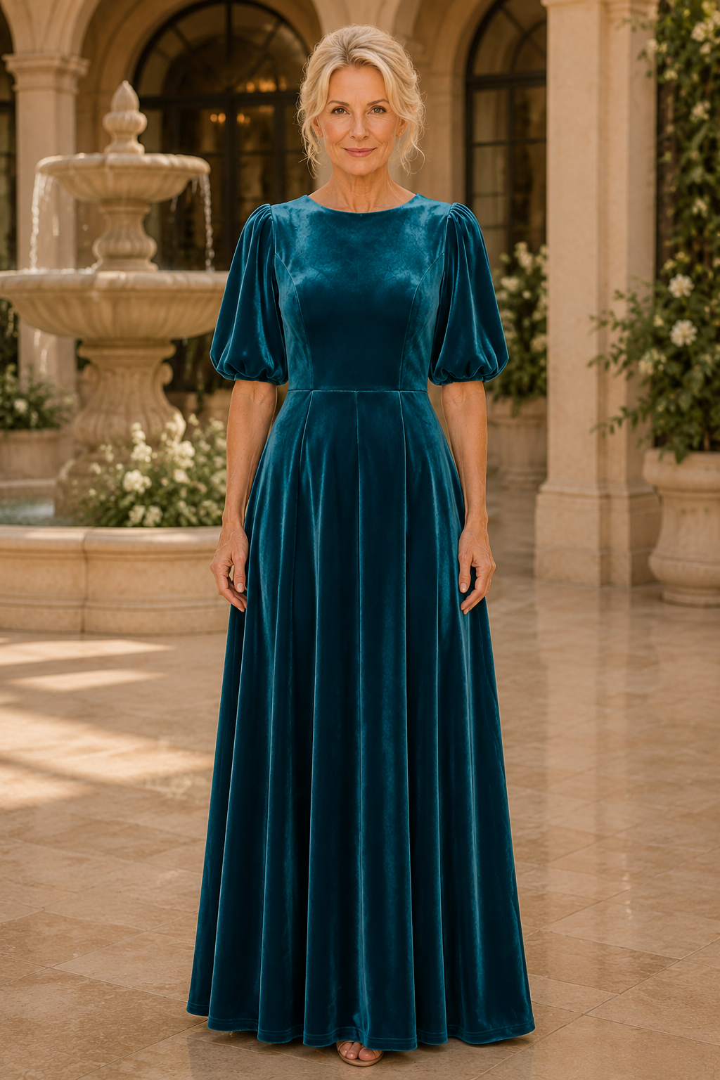 Vestido maxi de terciopelo línea A con mangas abullonadas