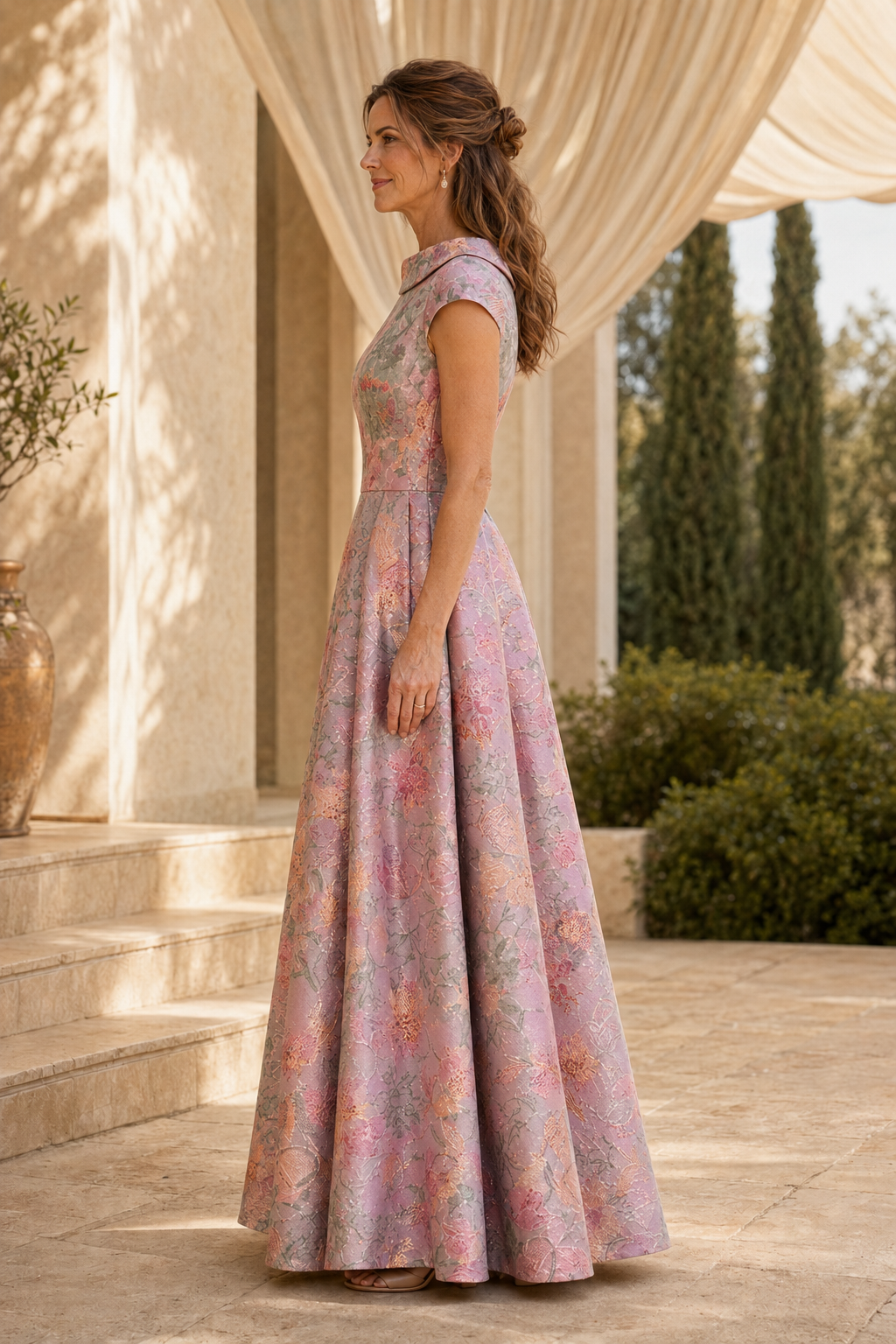 Vestido de Noche Acampanado con Pliegues, Mangas Cortas y Jacquard Floral