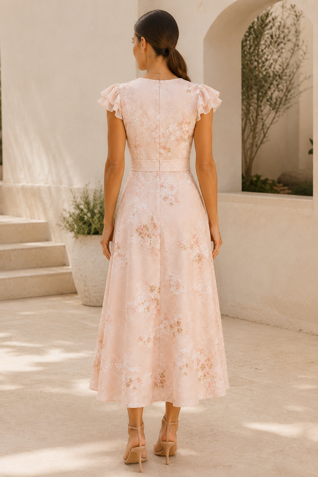 Vestido midi floral con cuello de pico y mangas con volantes