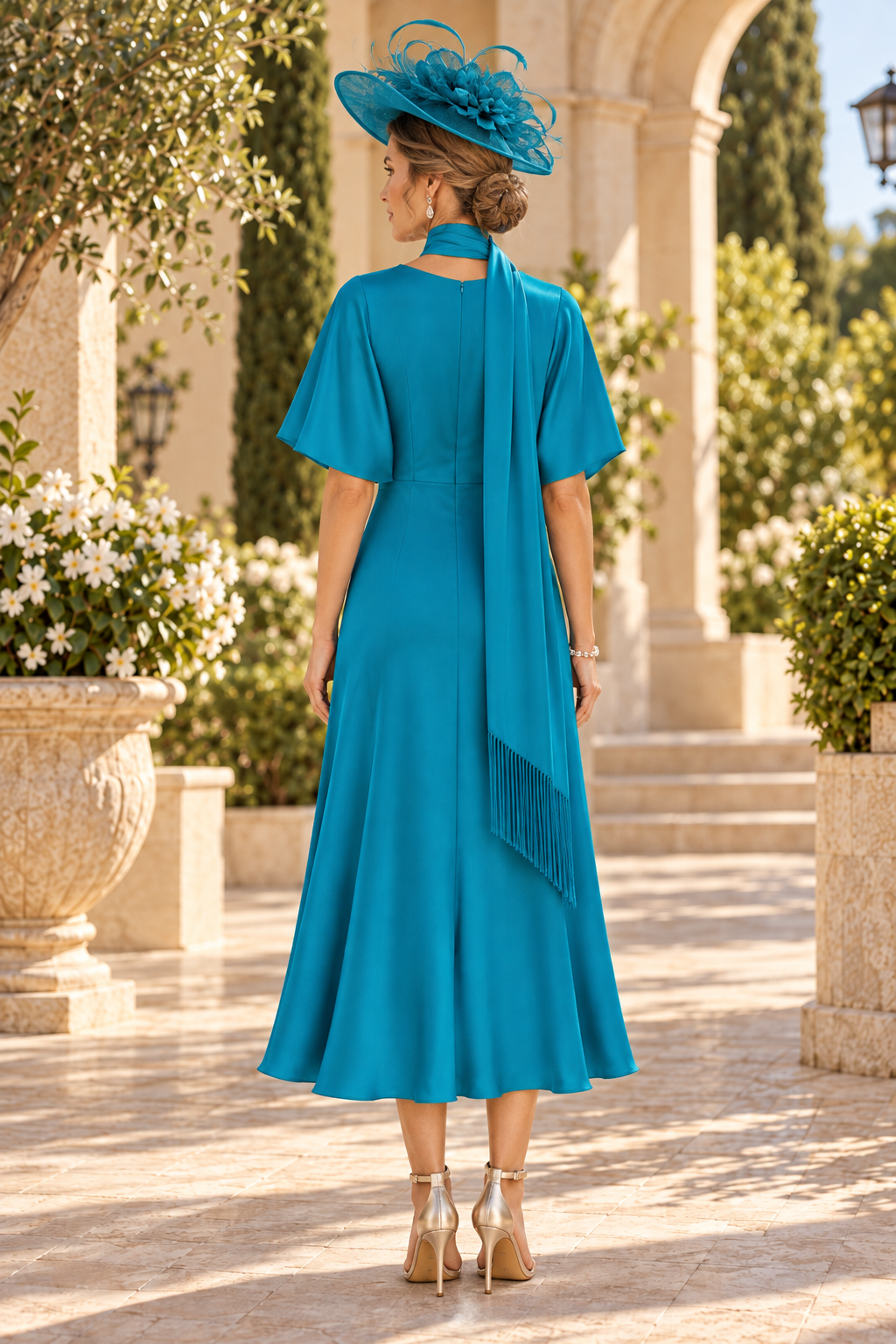 Flutter Sleeve Midi Dress with Scarf & Flower