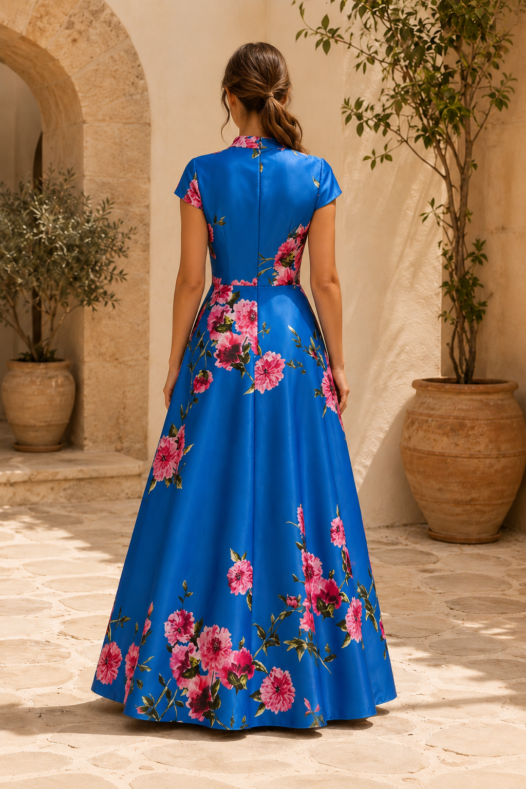 Maxivestido de satén con estampado floral, corte en A y mangas casquillo