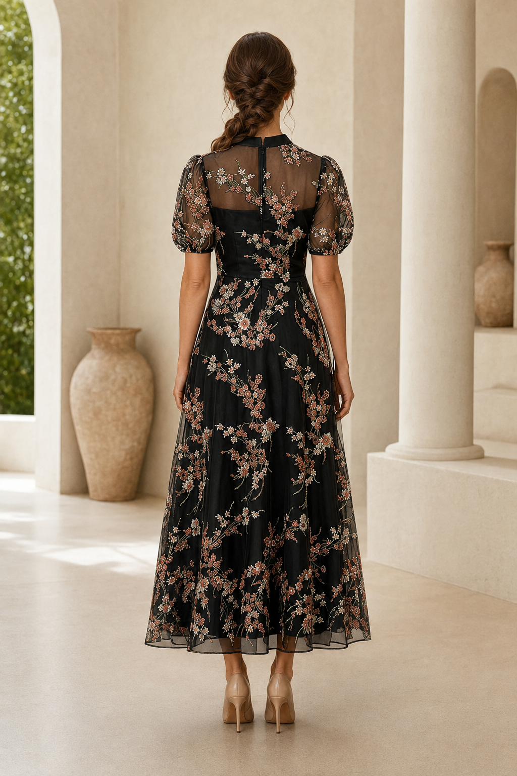 Vestido midi acampanado con mangas abullonadas y bordado floral