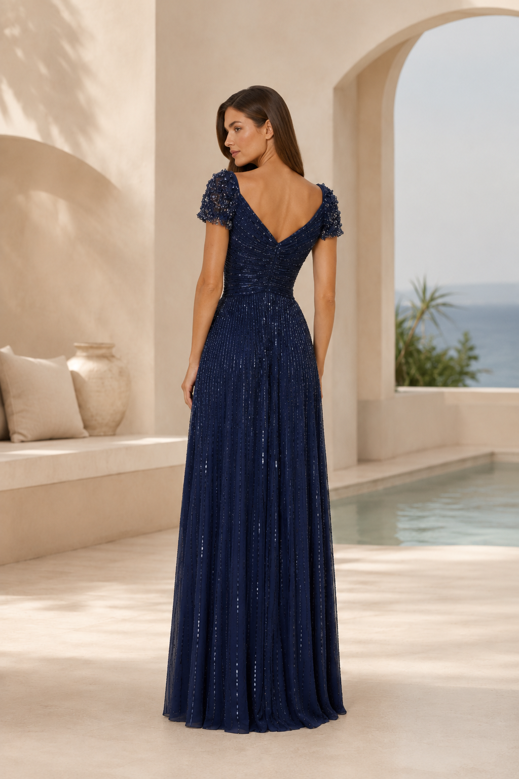 Vestido de Noche en Línea A de Lentejuelas con Mangas Florales y Espalda en V