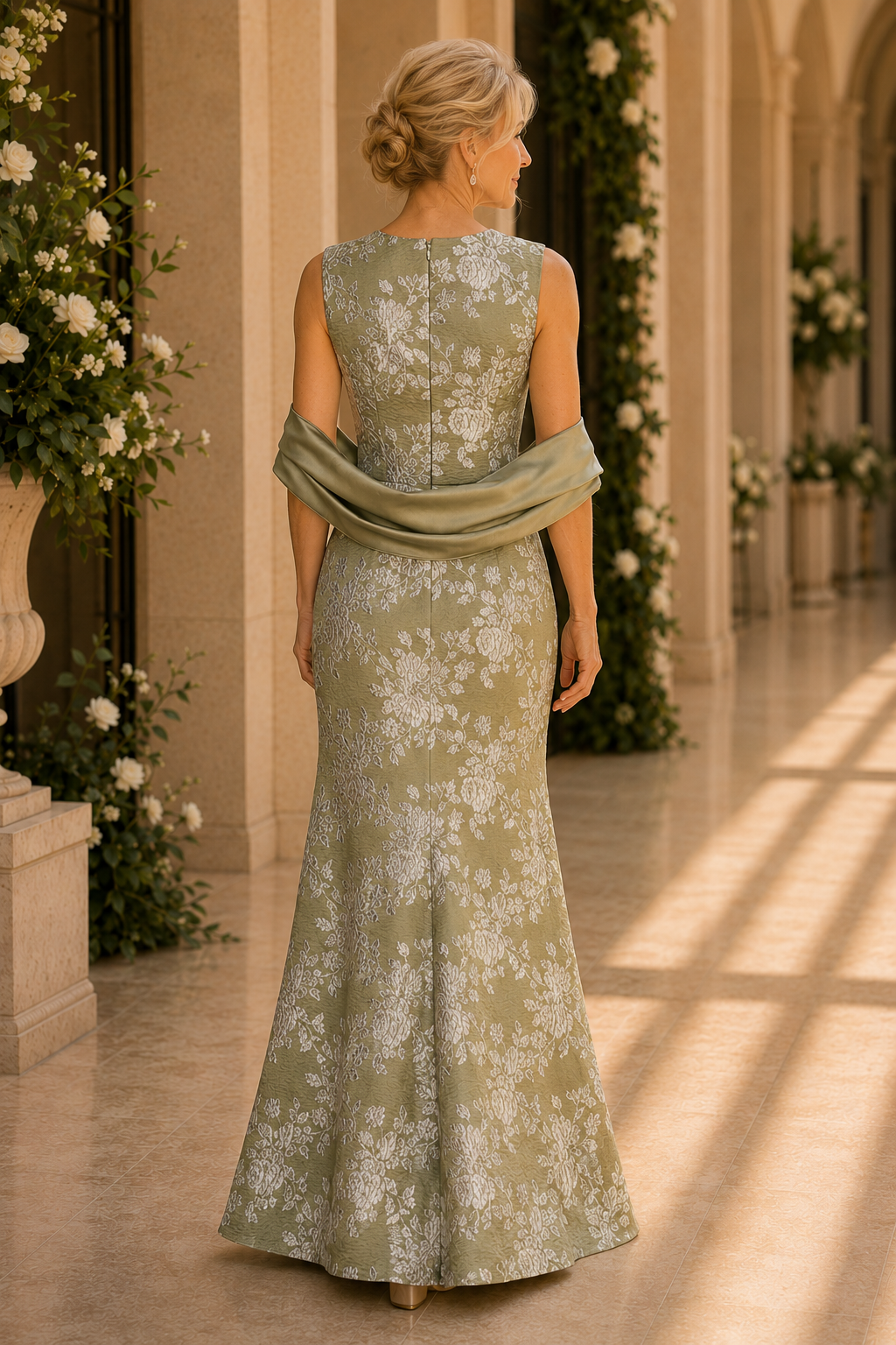 Vestido de noche sin mangas con estampado floral jacquard de corte trompeta con chal