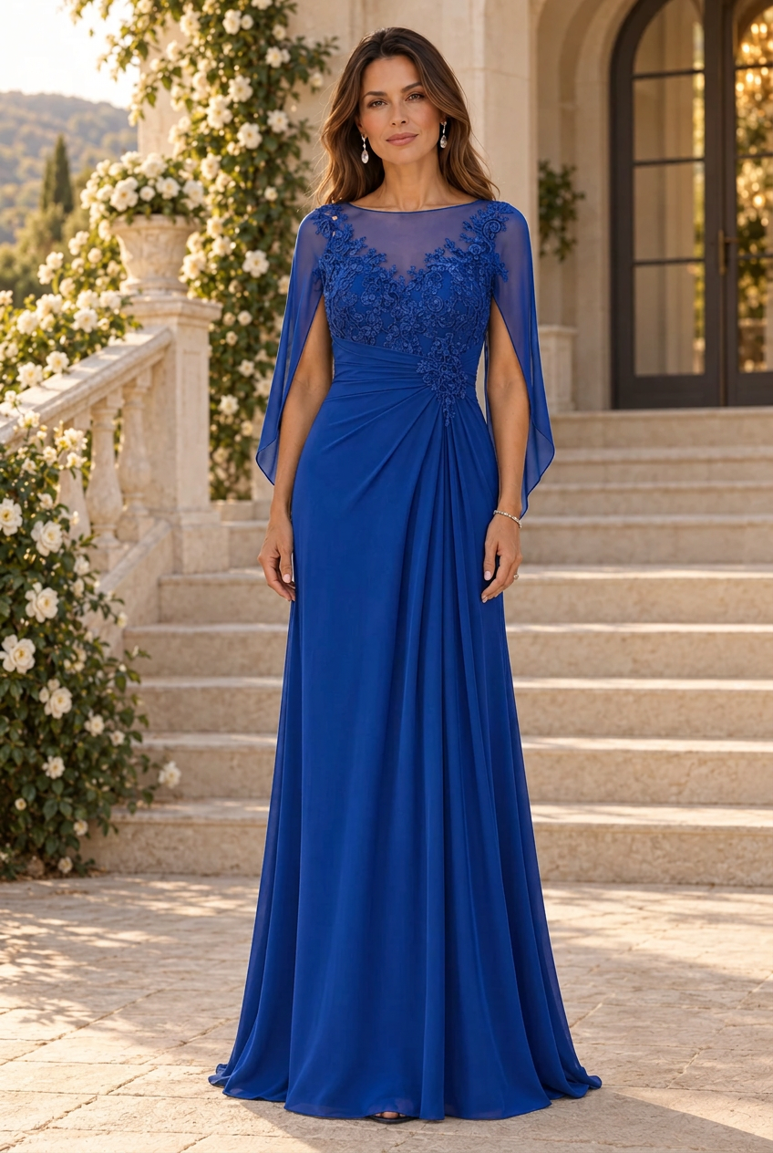 Vestido de Noche con Capa, Escote Ilusión y Aplicaciones