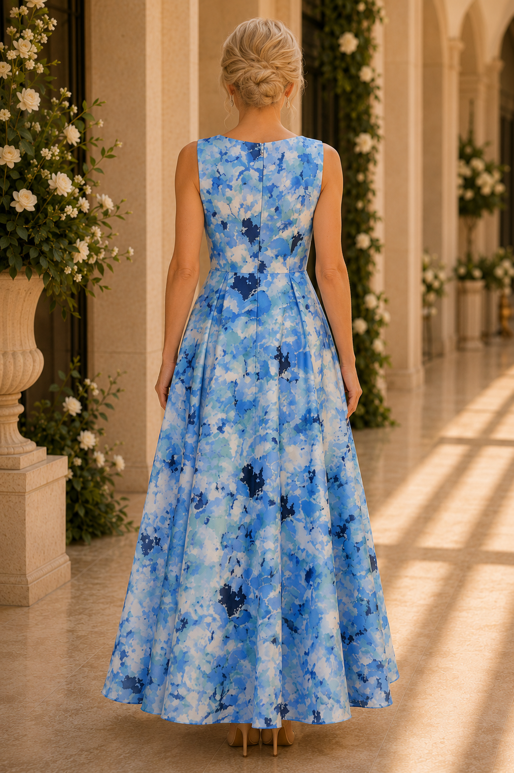 Vestido plisado sin mangas con cuello tipo barco y estampado floral