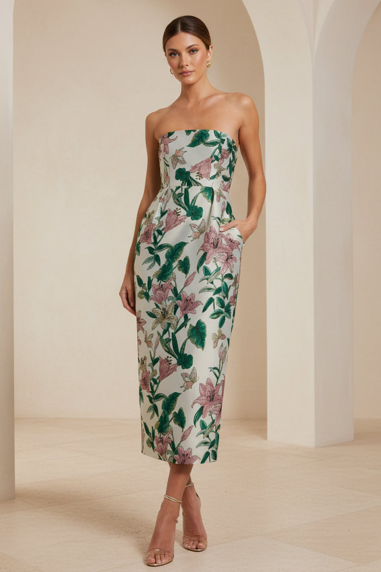 Vestido midi jacquard sin tirantes con bolsillos