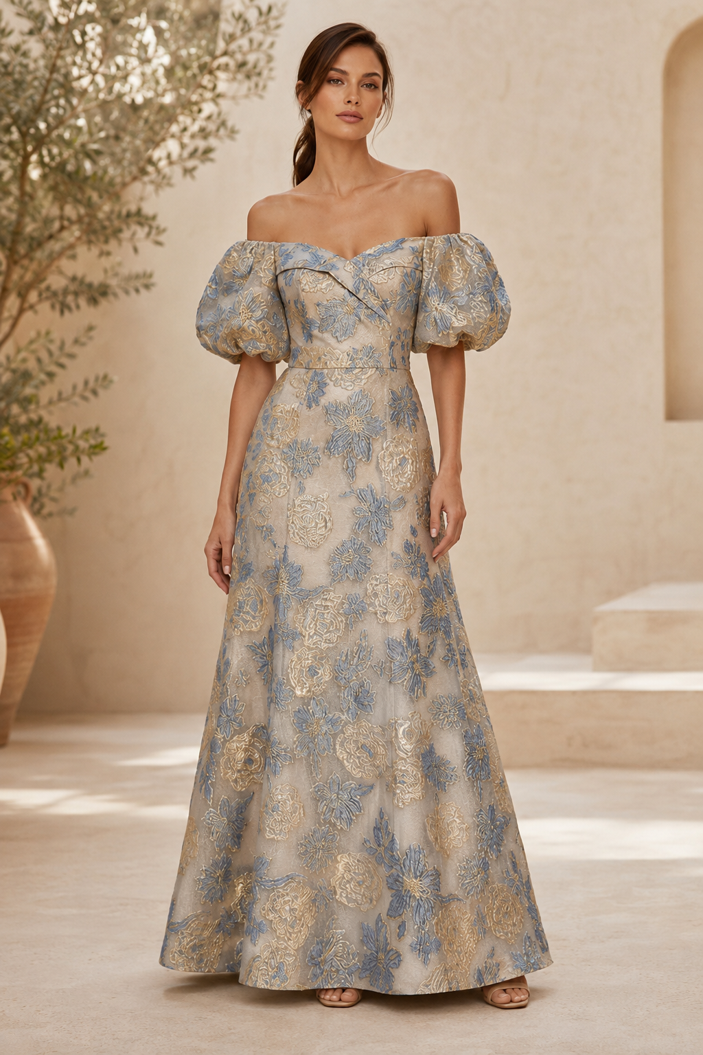 Vestido jacquard de corte A con hombros descubiertos y mangas abullonadas