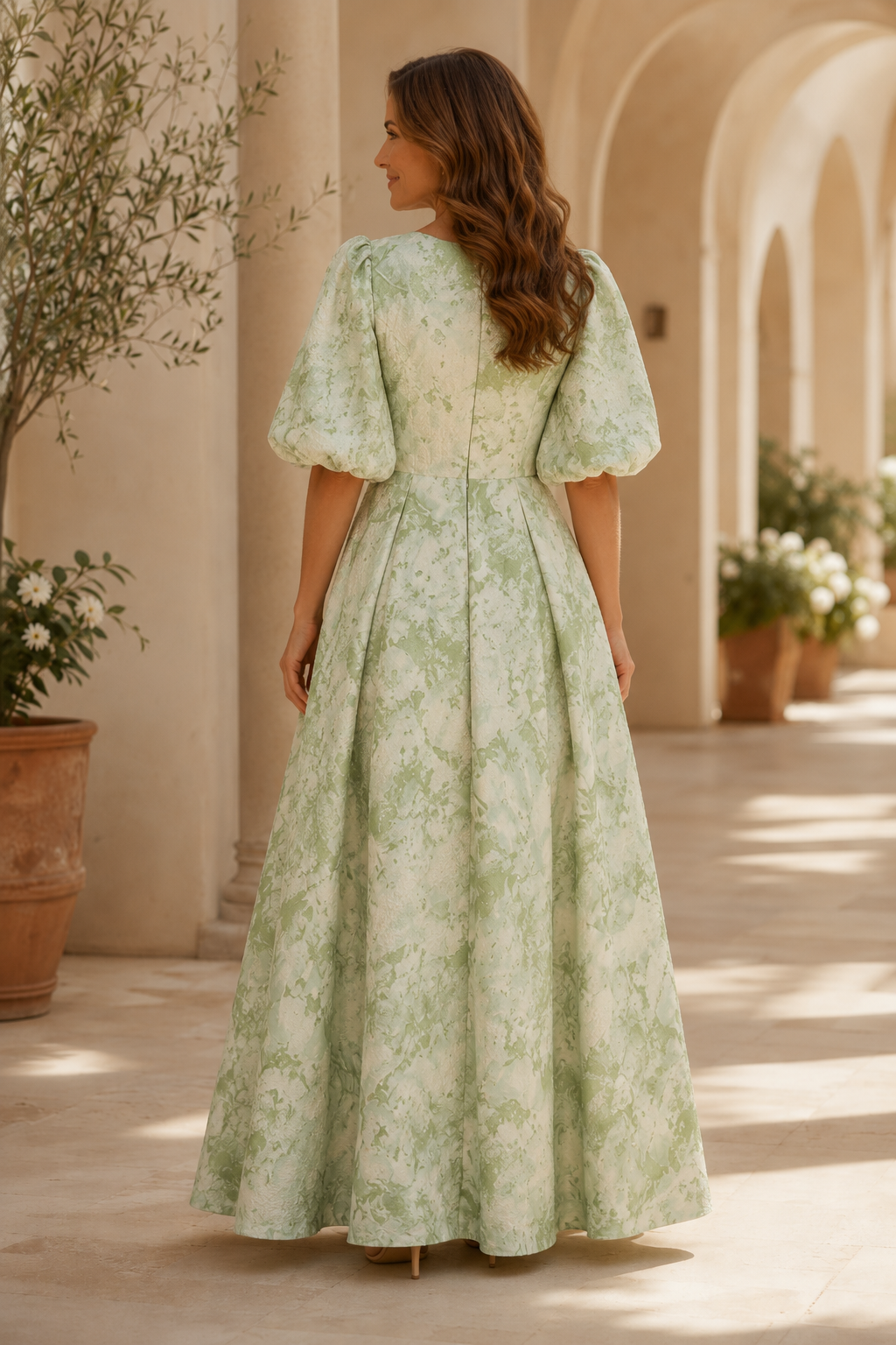 Vestido largo floral con pliegues, manga abullonada y corte en A