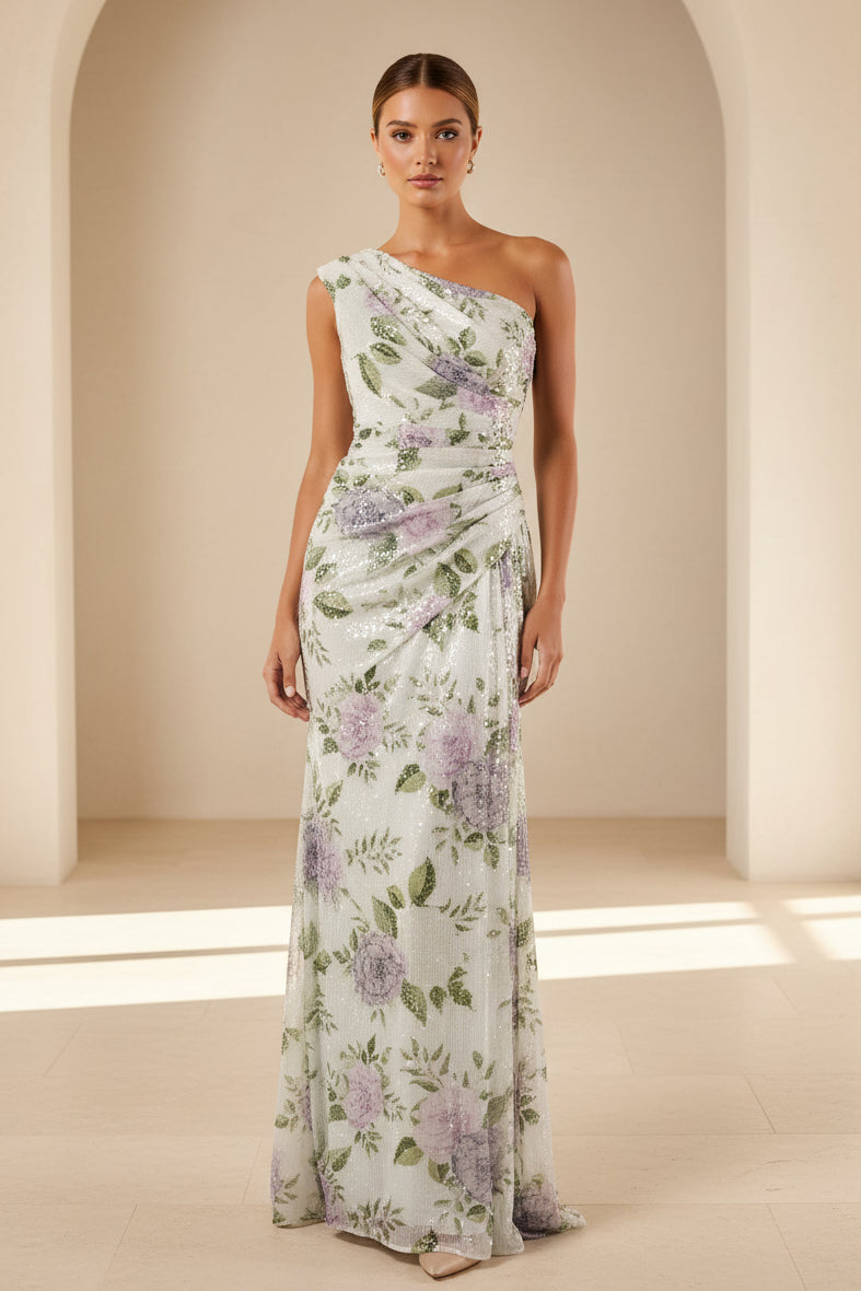Vestido largo de lentejuelas florales con fruncido y un solo hombro
