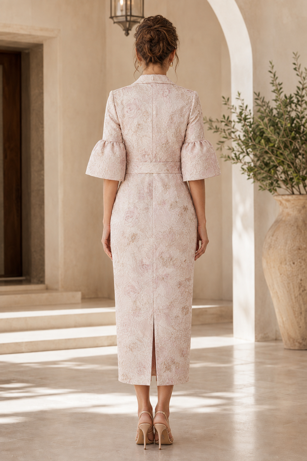 Vestido Midi Jacquard Floral con Mangas Acampanadas