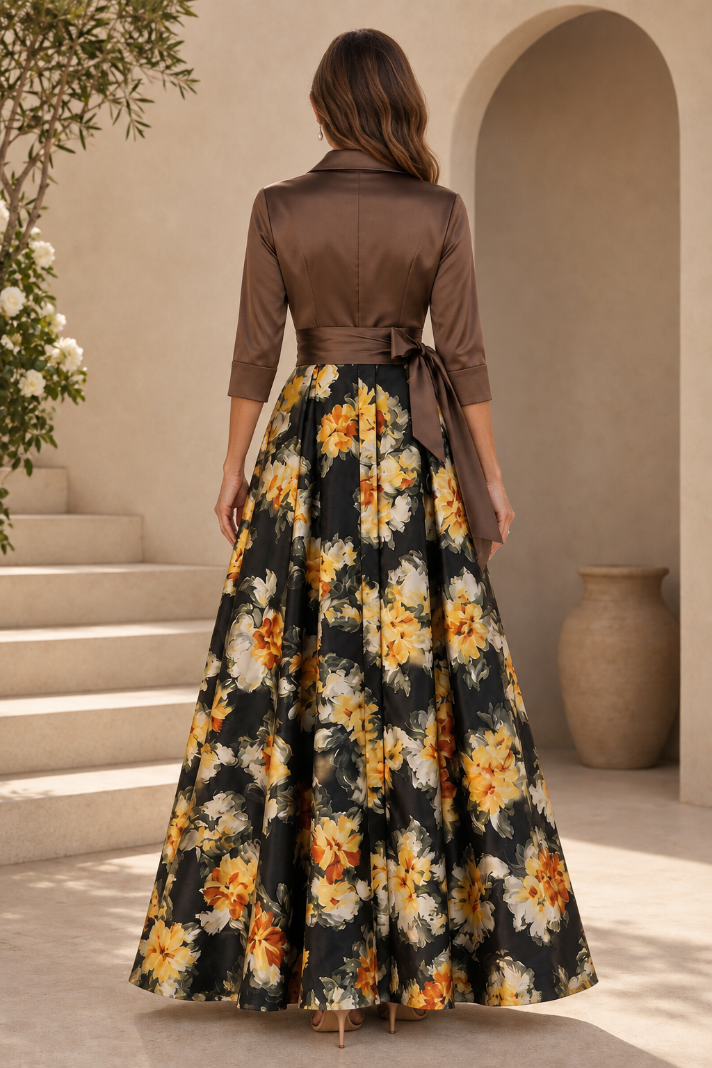Vestido de noche acampanado de satén floral con cuello