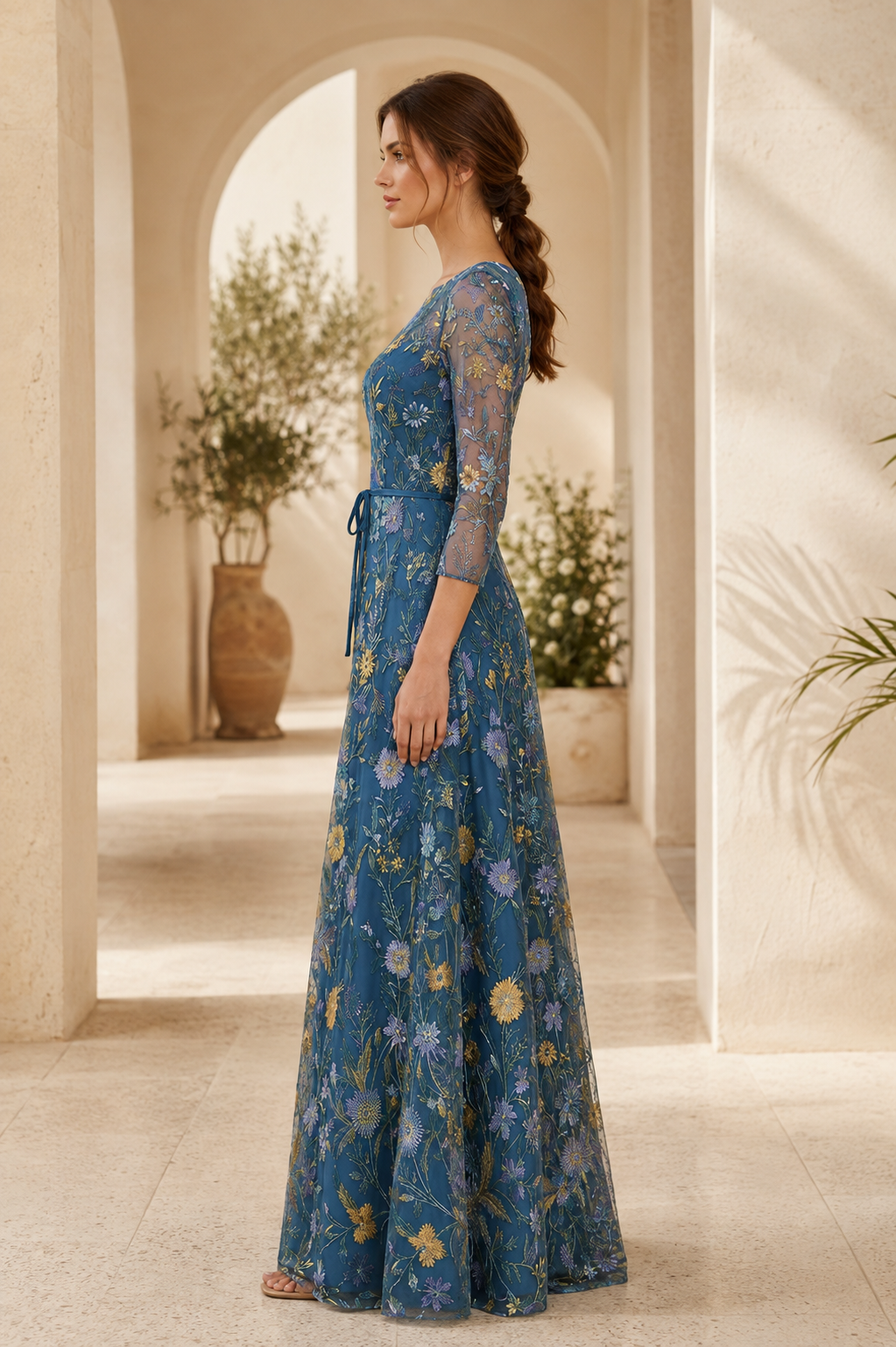 Vestido de Noche Acampanado con Mangas Ilusión y Bordados Florales
